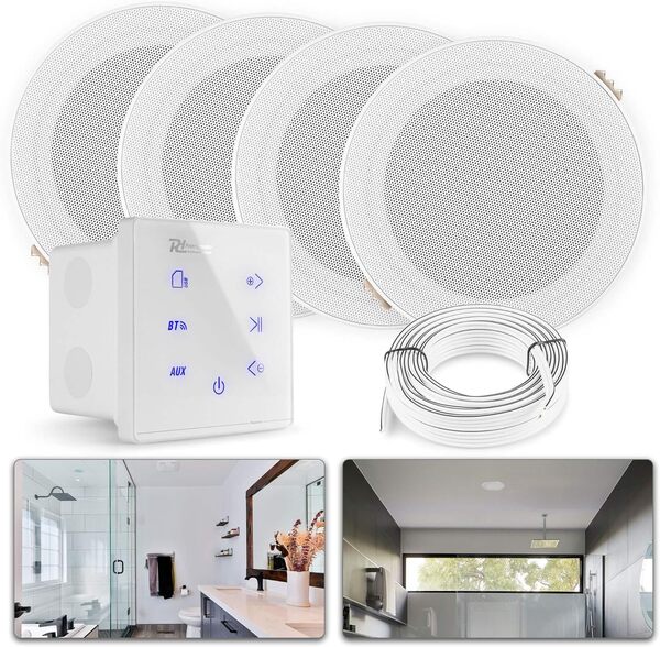 Power Dynamics Powerline A100W Pack Amplificateur Mural avec 4 Enceintes de Salle de Bain - 160 Watts, Câbles Inclus, BT 5.0, USB et Micro SD, Écran Tactile, Idéal pour Sonorisation de la Maison