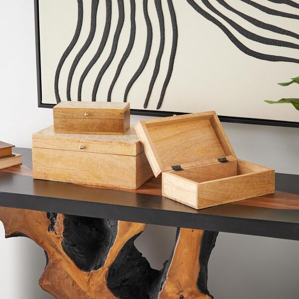 Deco 79 Lot de 3 boîtes de rangement décoratives en bois de manguier blanchi à la chaux avec accents dorés, 27,9 cm, 22,9 cm, 17,8 cm de large, marron