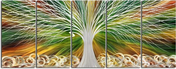 Yihui Arts Art mural abstrait en métal – Arbre de vie fait à la main 5 panneaux grands grands grands uniques en aluminium 3D moderne contemporain décoration d'intérieur
