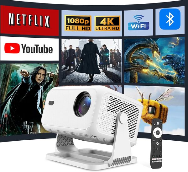 Projecteur intelligent avec Netflix, Android 13, WiFi 6, Bluetooth 5.2, support 4K, Dolby Audio, Auto Focus - Cinéma maison portable 1080P pour films, jeux, utilisation en extérieur