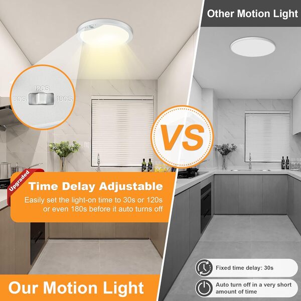 Lot de 2 plafonniers à détecteur de mouvement câblés, 22,9 cm pour intérieur avec détecteur de mouvement, 3 modes, 4 000 K à montage encastré pour placard, escalier, couloir, ne fonctionne pas à piles