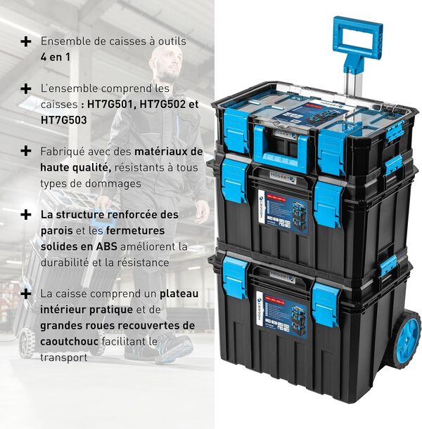 Högert Technik - Ensemble de Boîtes 4 en 1 HT7G500, Outils Bricolage, Boîte à Outils, Boîte à Outils sur Roues, Résistante aux Dommages, Malette à Outils, Fermetures ABS, Structure Modulaire
