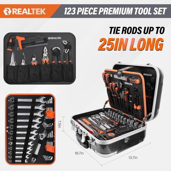 REALTEK Malette Outils, Caisse à Outils Complete 123 pièces, Boite a Outils Portables pour la Maison Avec Ensemble de Clés à Douille, Set tournevis, marteau, clés de serrage, et autres accessoires