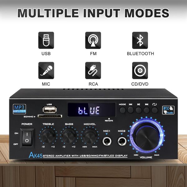 AK45 Amplificateur audio stéréo 2 canaux, max 350 W x 2 sans fil Bluetooth 5.0, amplificateur de puissance HiFi récepteur stéréo pour haut-parleur maison, contrôle des basses et des aigus, avec RCA,