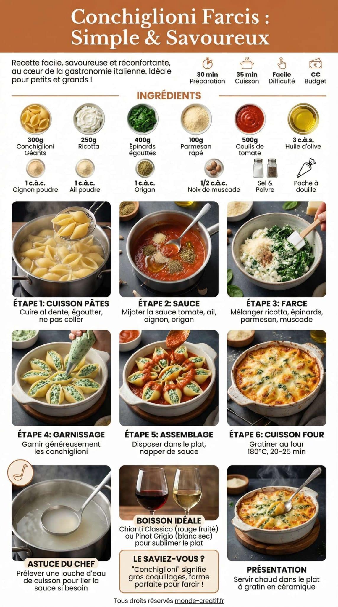 Fiche recette Conchiglioni farcis : recette simple et savoureuse Fiche recette Conchiglioni farcis : recette simple et savoureuse