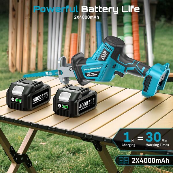 SEESII Scie Sabre sans fil 21V, Vitesses Réglables 0-3500 SPM, moteur sans balais Scie Sabre à Batterie avec 2 batteries de 4,0 Ah, éclairage LED, 8 lames portables pour le bois et le PVC
