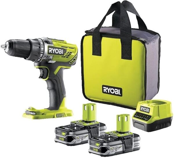 RYOBI - Perceuse-Visseuse Sans Fil 18V ONE+ - Spécial Perçage Gros Diamètres - 2 Vitesses - Livrée avec 2 Batteries & Mallette 127 accessoires mixtes : 13 forets métal + 7 douilles + 81 embouts