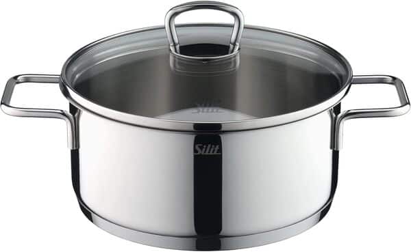 Silit Alicante Kochtopfset Induktion 2109304630 Set de 4 ustensiles avec couvercle en verre, casseroles à induction, acier inoxydable poli, non revêtu, passe au four, antirouille 18/10