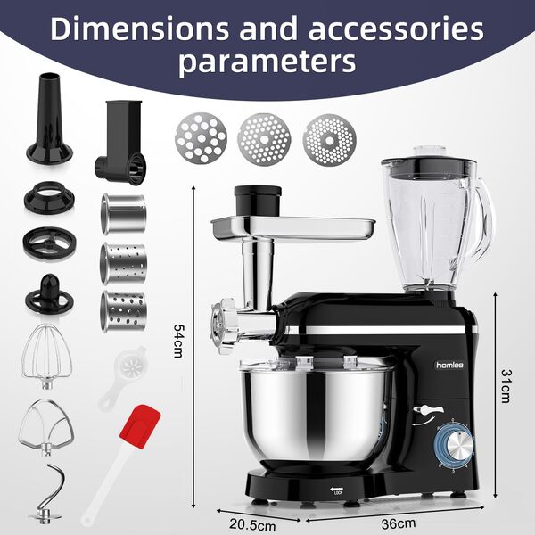 Homlee 3 en 1Robot Pâtissier 2000W Robot Patissier Multifonctions, avec Hachoir à Viande 1,5L Électrique de Jus,5.5L Bol Mélangeur,Fouet,Crochet Pétrisseur,Batteur