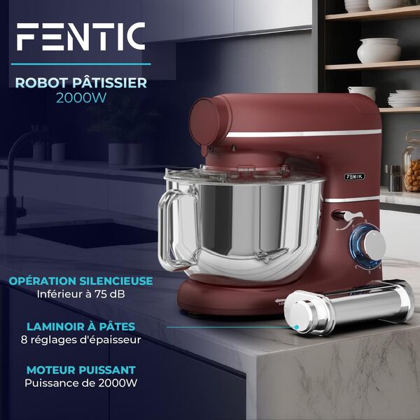 Robot Pâtissier avec Machine a Pates Fraiche – 2000W – Robot Cuisine avec Machine a Pate – Laminoir a Pate - 6,2L Bol Mélangeur (Rouge)