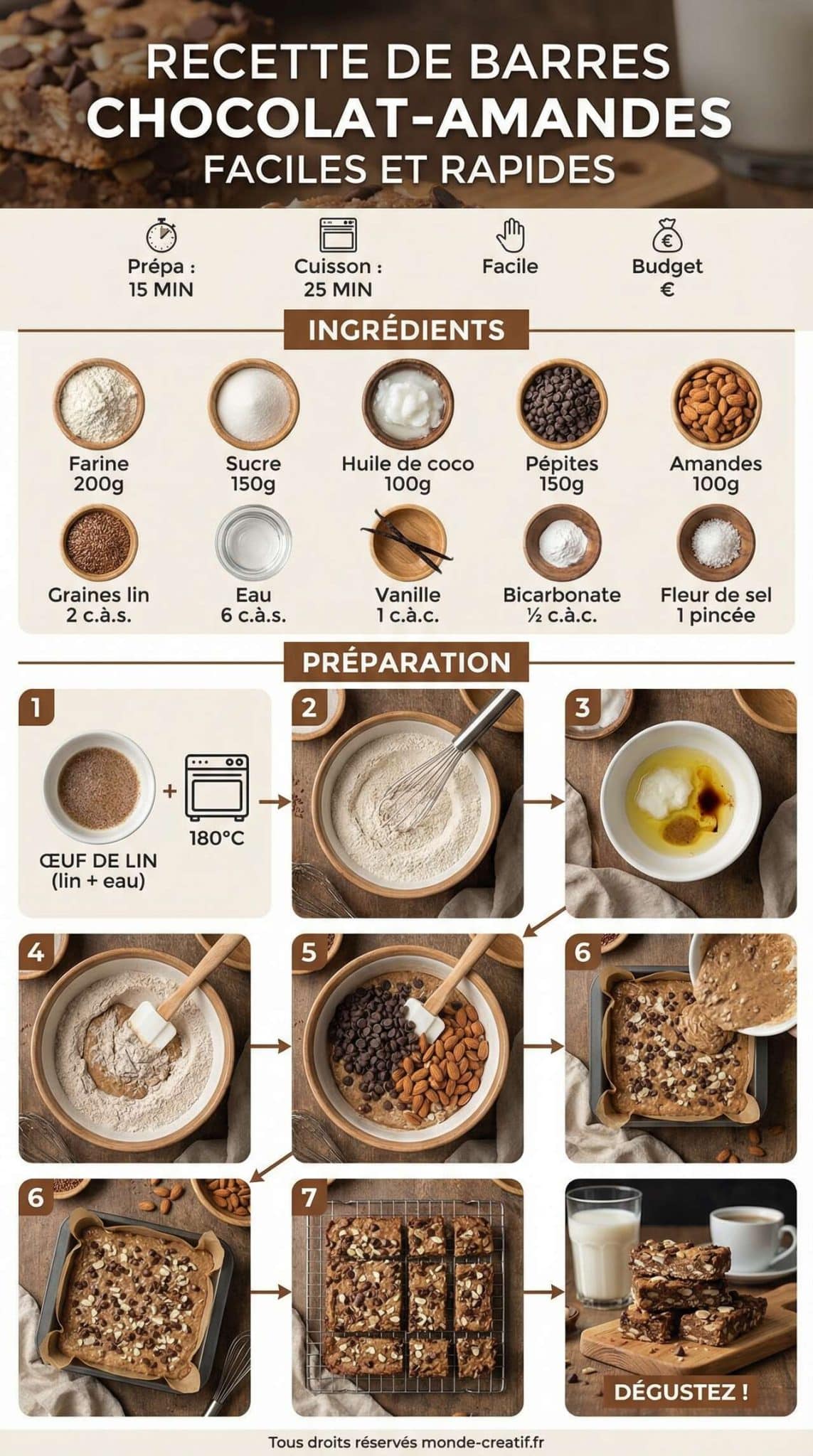 Fiche recette Recette de barres chocolat-amandes faciles et rapides Fiche recette Recette de barres chocolat-amandes faciles et rapides