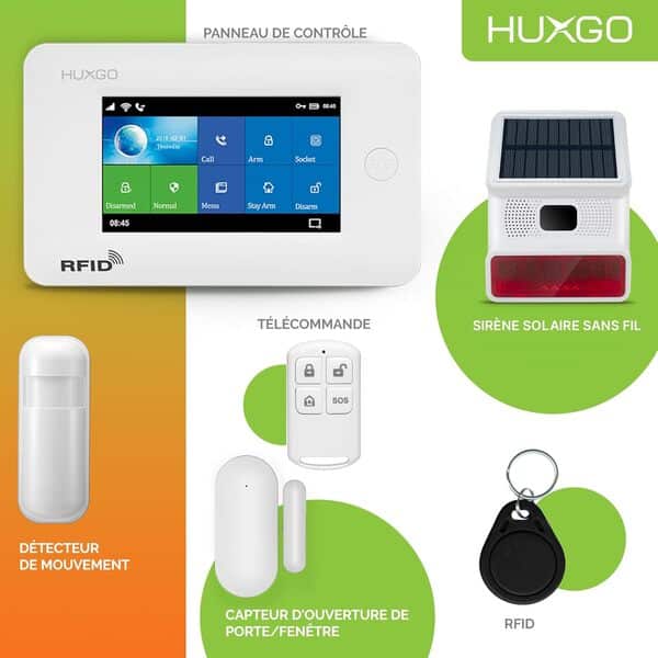 HXA006 Alarme Maison avec Sirène Solaire sans Fil, WiFi + GSM 4G | Kit d'alarme Maison Domestique avec 3X détecteurs de Mouvement, 3X capteurs de Portes et fenêtres | TUYA App