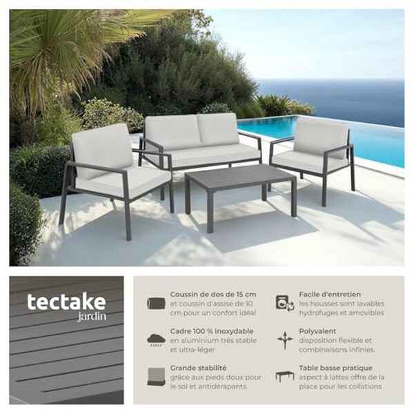 Découvrez notre test complet de l'ensemble salon de jardin TecTake® 4 places en aluminium : design moderne, confort et durabilité assurés pour vos espaces extérieurs.