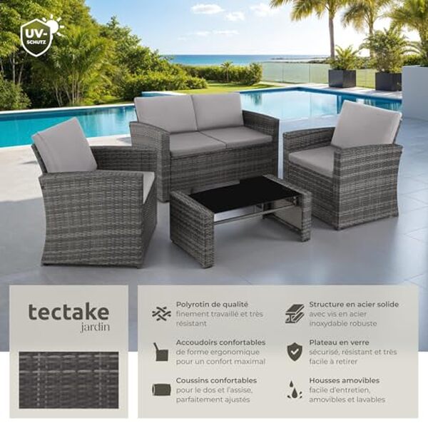 Découvrez notre avis sur le salon de jardin TecTake® 4 places en résine tressée : style, confort et qualité au jardin analysés en détail pour un achat réussi.