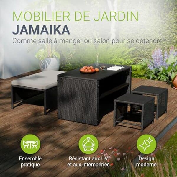 Découvrez notre test complet du salon de jardin en polyrotin Jamaika de Juskys : design élégant, confort optimal et durabilité au rendez-vous.