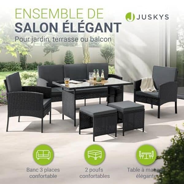 Découvrez le confort et le style du salon de jardin Juskys Turin pour 7 personnes : un mobilier en rotin alliant esthétisme et convivialité pour vos espaces extérieurs